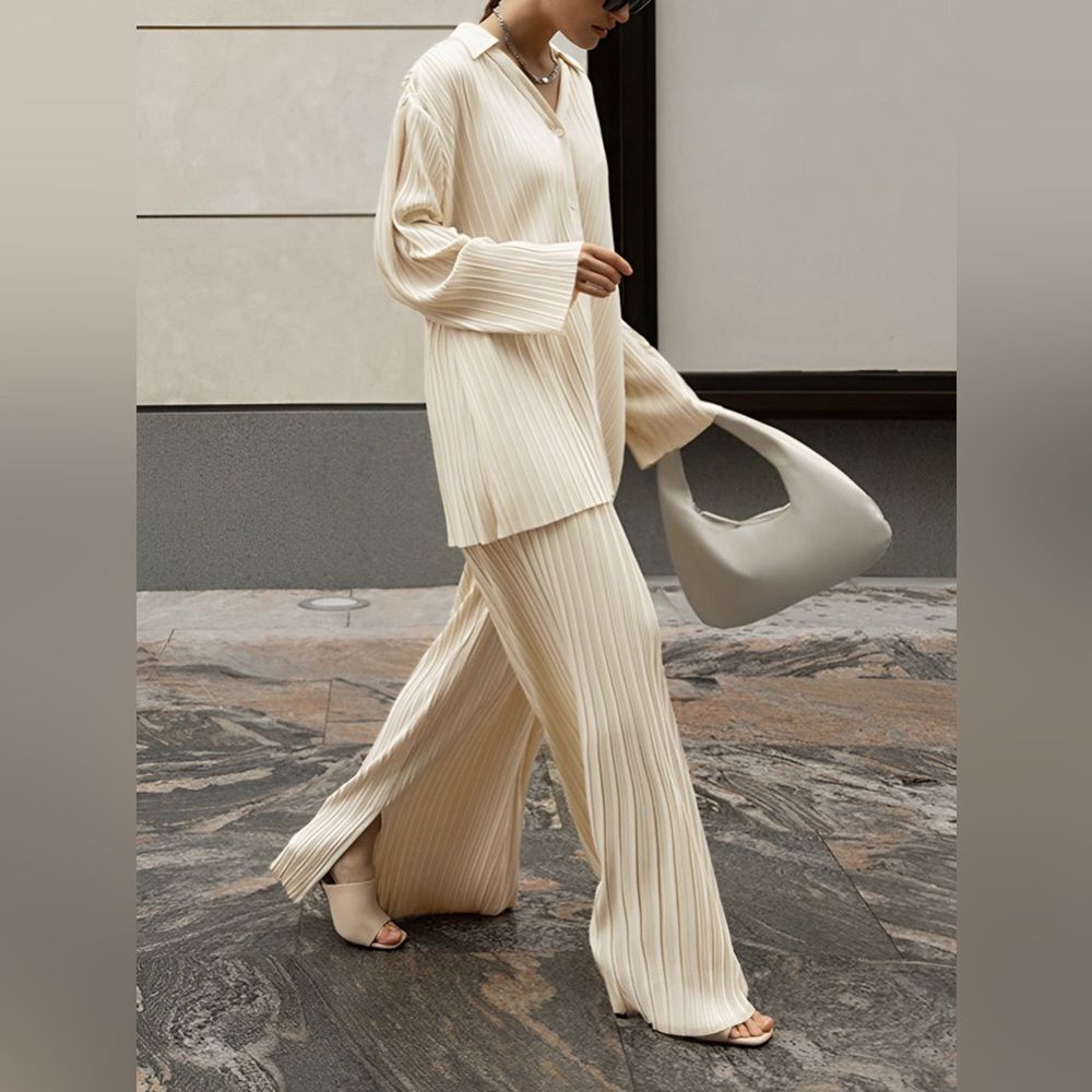 Commense Cream Pleated Satin Set Blouse S + Pants S NWT